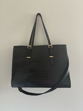 Black Croc-Embossed Tote Bag with Gold Hardware